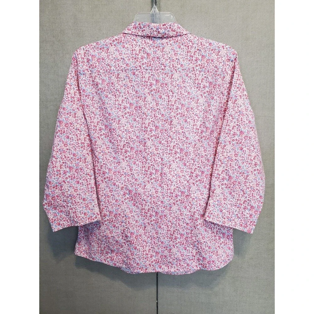LL Bean Women's Pink Ditsy Print Wrinkle Free 3/4 Sleeve Button-Up Top Size MED